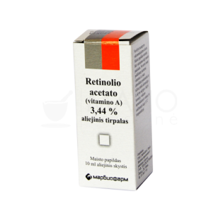 Maisto papildas Retinolio acetato (vitamino A) 3.44 % aliejinis tirpalas, 10 ml